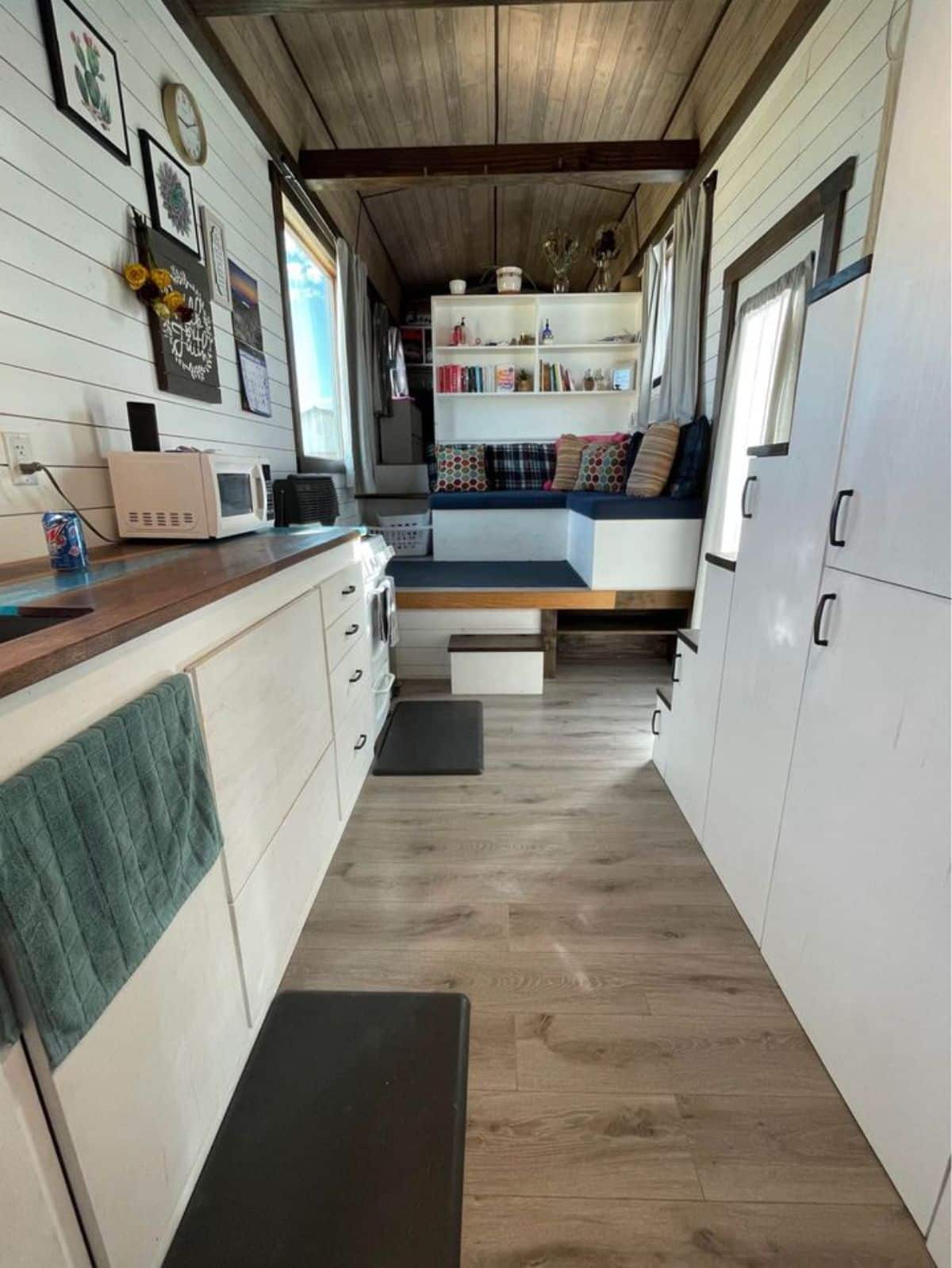 full view of tiny home for a couple from inside from kitchen view