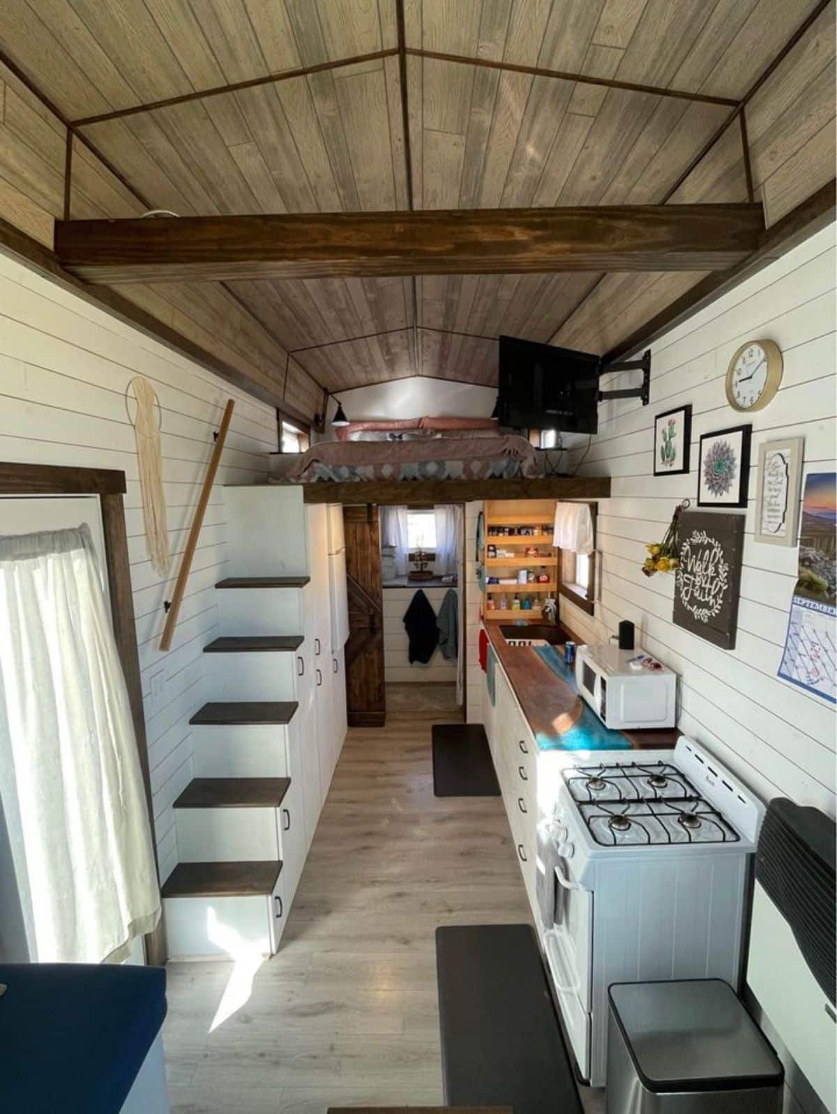 full view of tiny home for a couple from inside from living room view