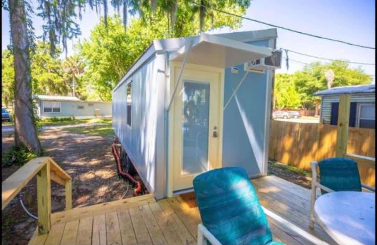 main entrance view of tiny home on wheels