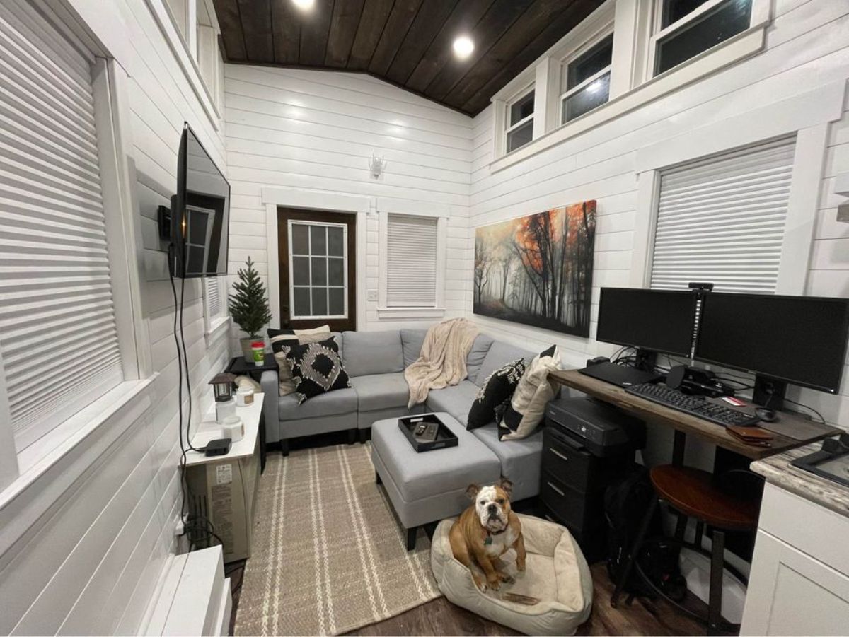 living area of fully furnished tiny home