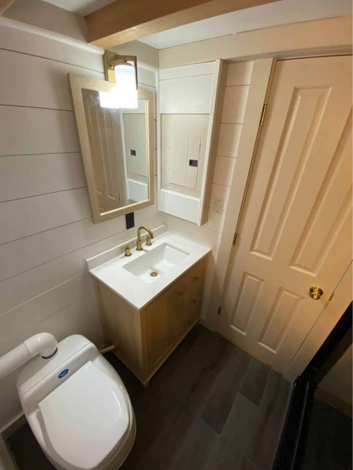 standard toilet, sink with vanity & mirror in bathroom of Cultivated Tiny Home