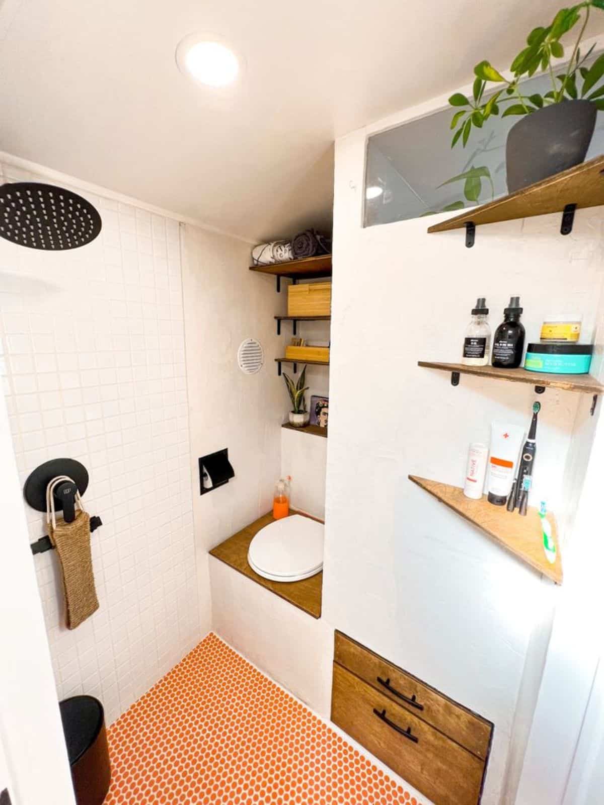 bathroom of tiny motorhome is well organized with standard fittings and composting toilet