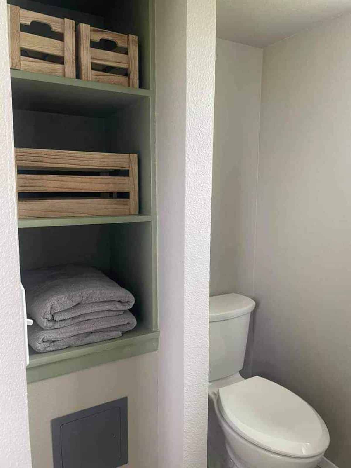 storage space in the bathroom area of 20’ tiny home