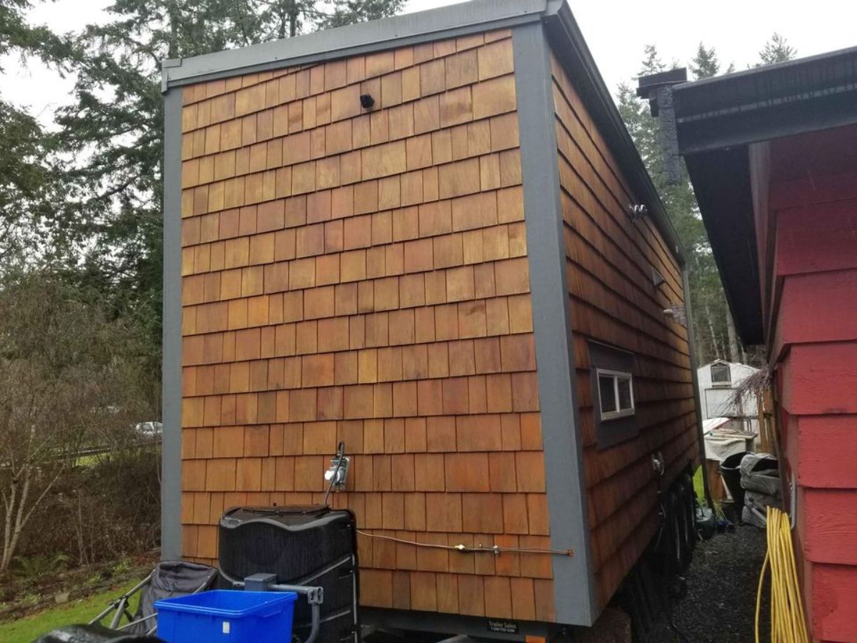 wooden exterior walls of tiny home in British Columbia