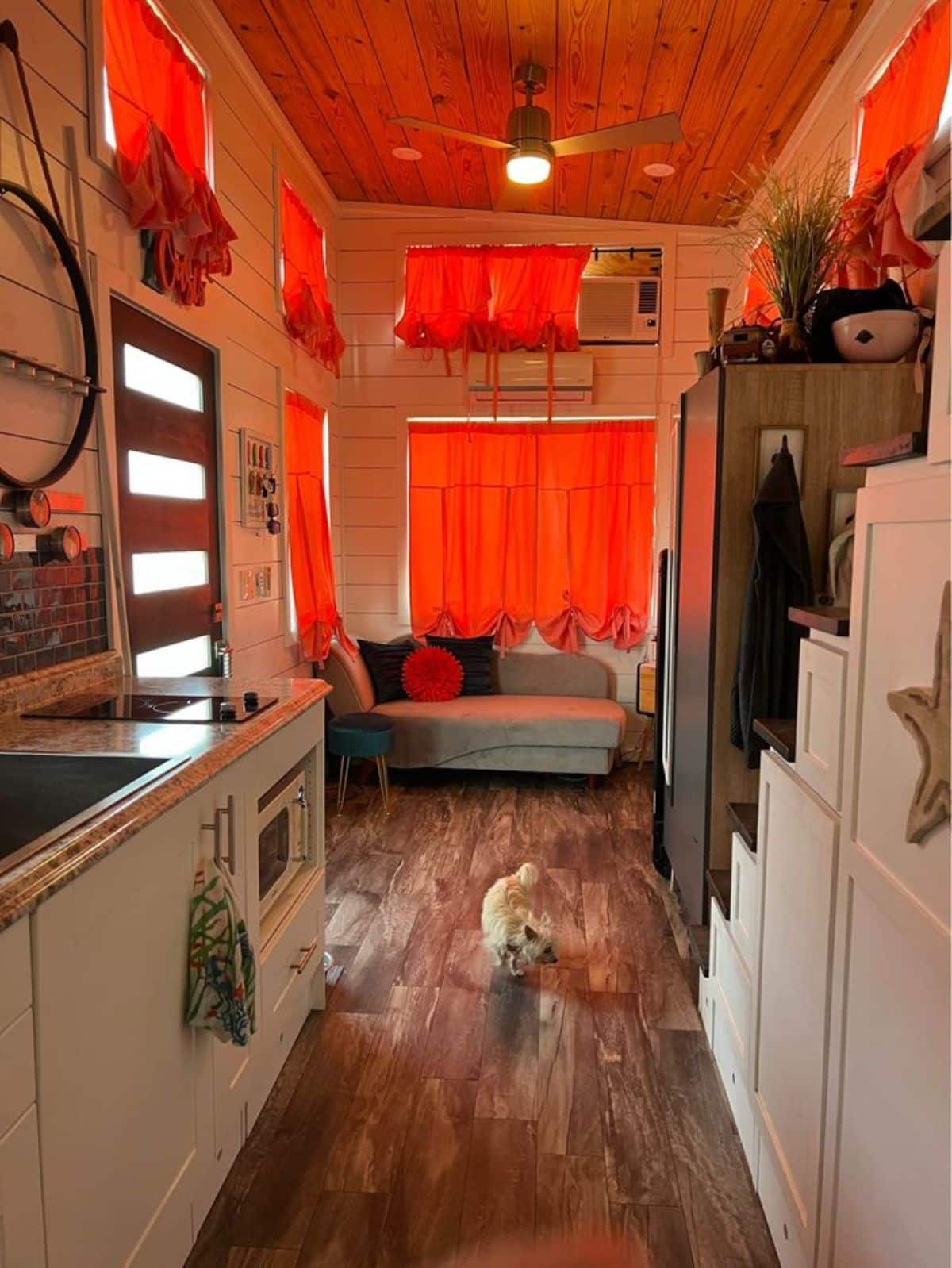 wooden interior view of tiny house on wheels