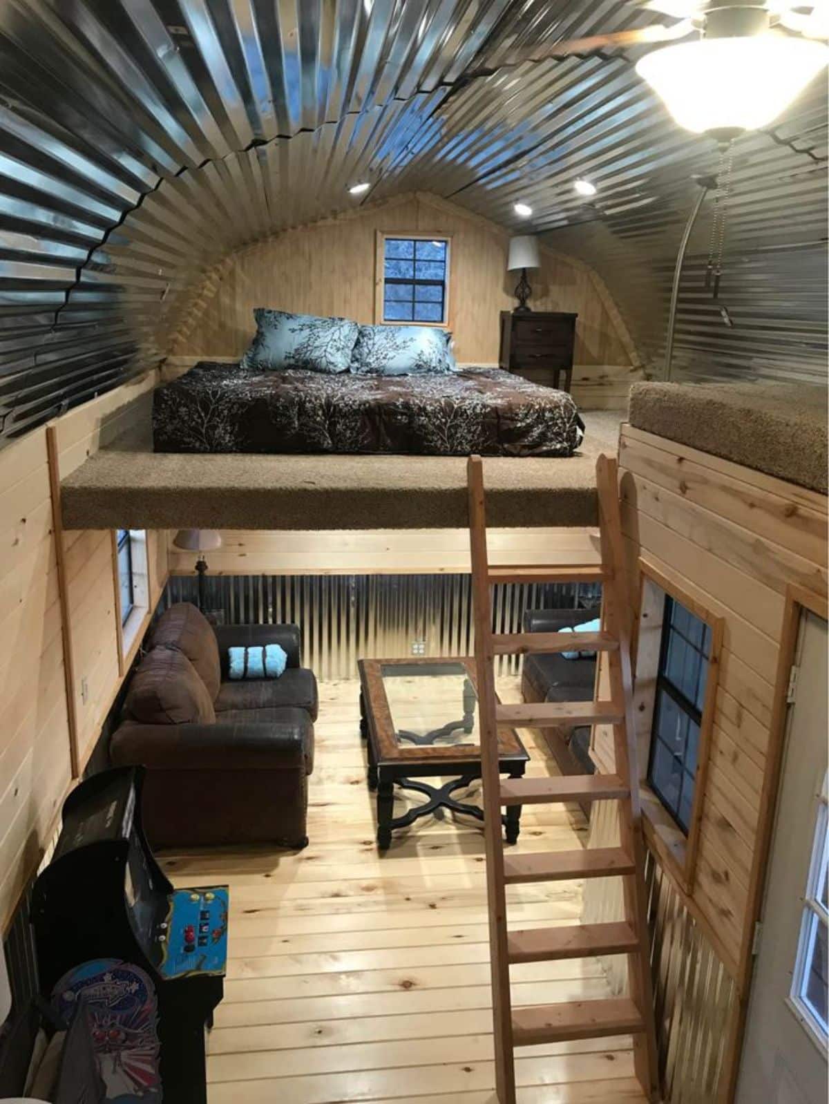 long view of $55k double lofted tiny home from inside