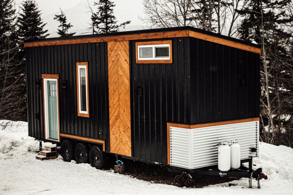 main entrance view of 28’ tiny home in Canada