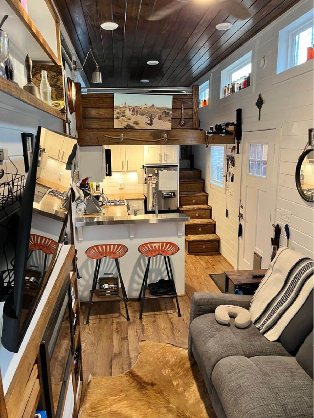 long view of interiors of 30’ tiny house
