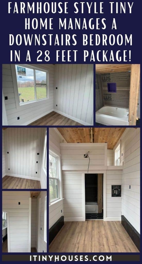Farmhouse Style Tiny Home Manages a Downstairs Bedroom in a 28 Feet Package! PIN (1)