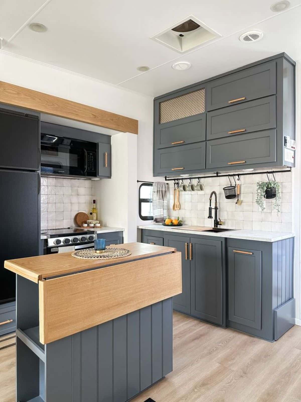 stylish kitchen area of remodeled RV