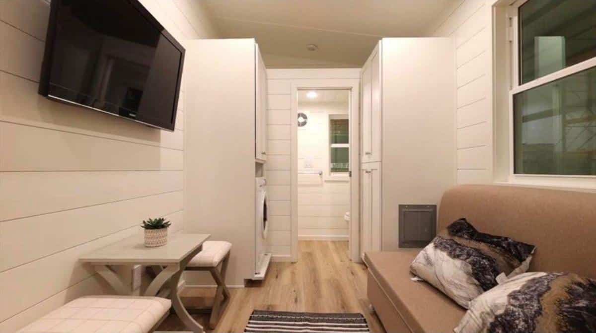 living area and full view interiors of simple tiny home