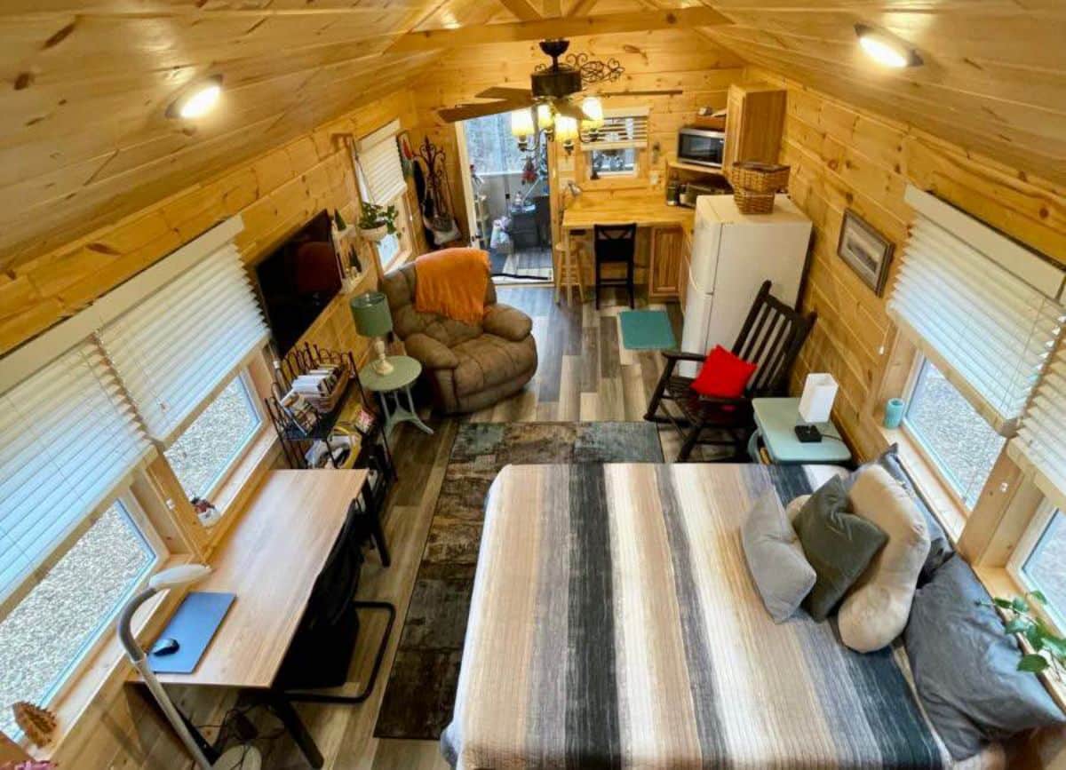 full view of spacious tiny cabin from inside