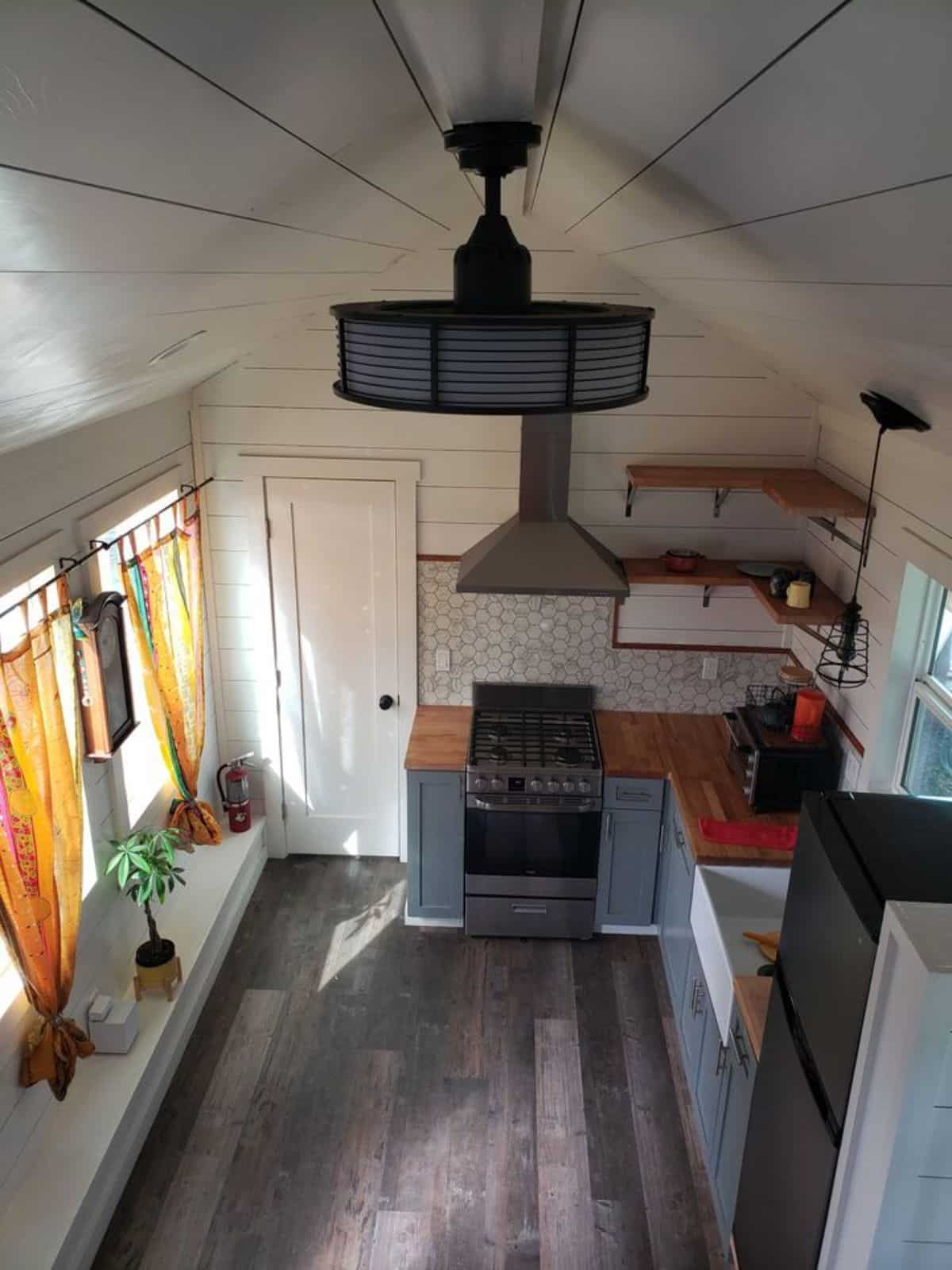 Ariel view of stunning 28’ tiny house from loft