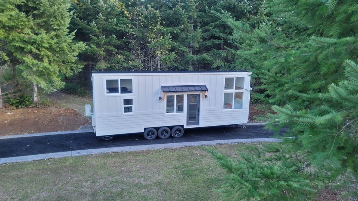 Ariel view of custom built tiny home from outside