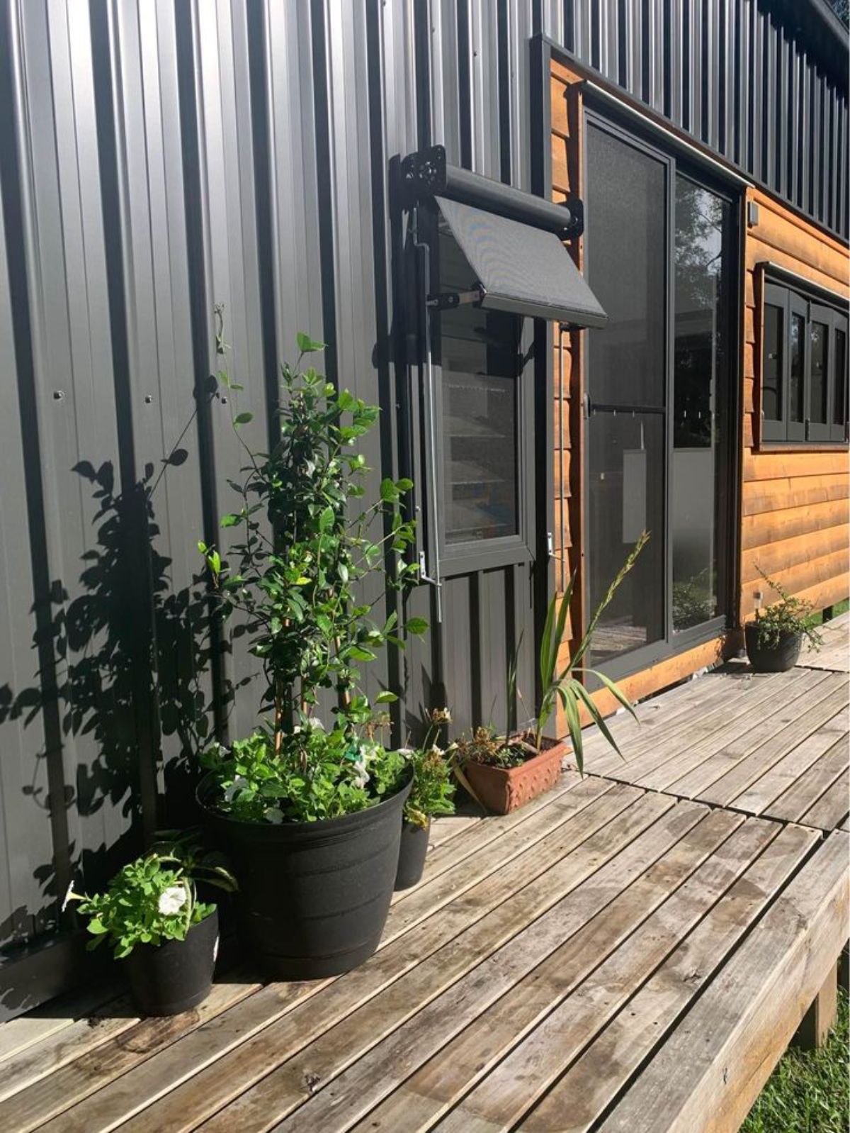 huge porch outside the main entrance of three bedroom tiny home