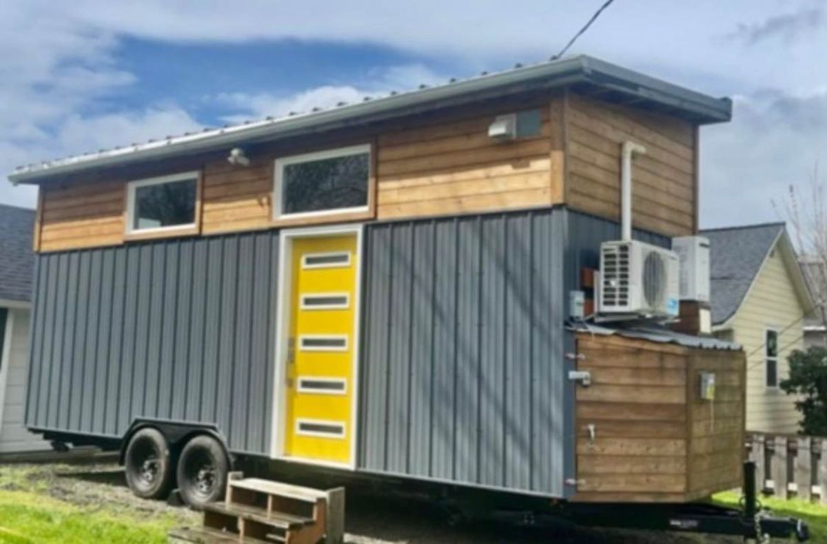 blue and brown exterior of 24' towable tiny home