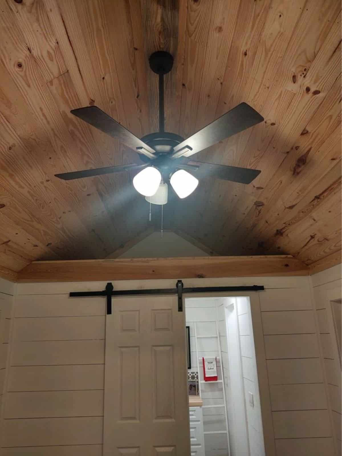 huge ceiling with antique chandelier cum fan of 40' spacious tiny house