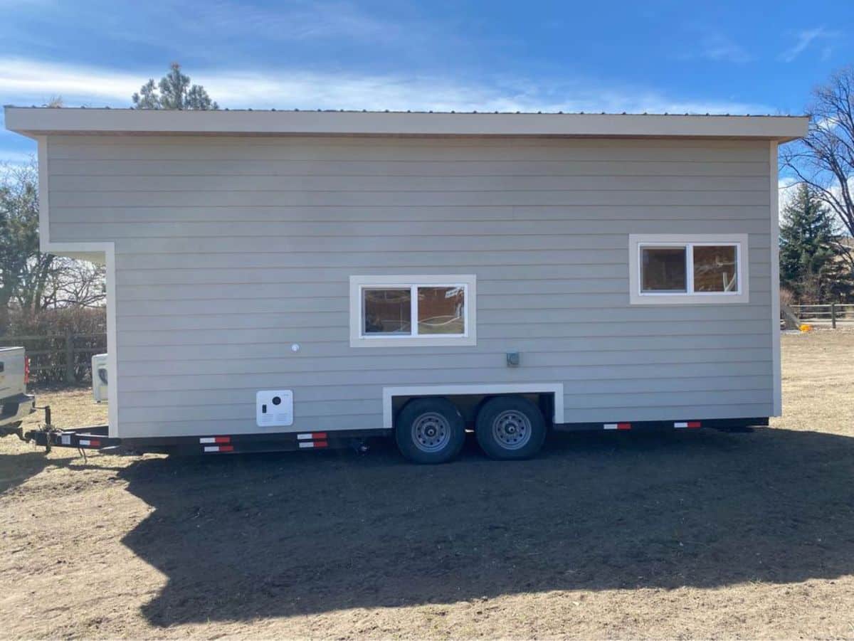 backside of double lofted tiny home