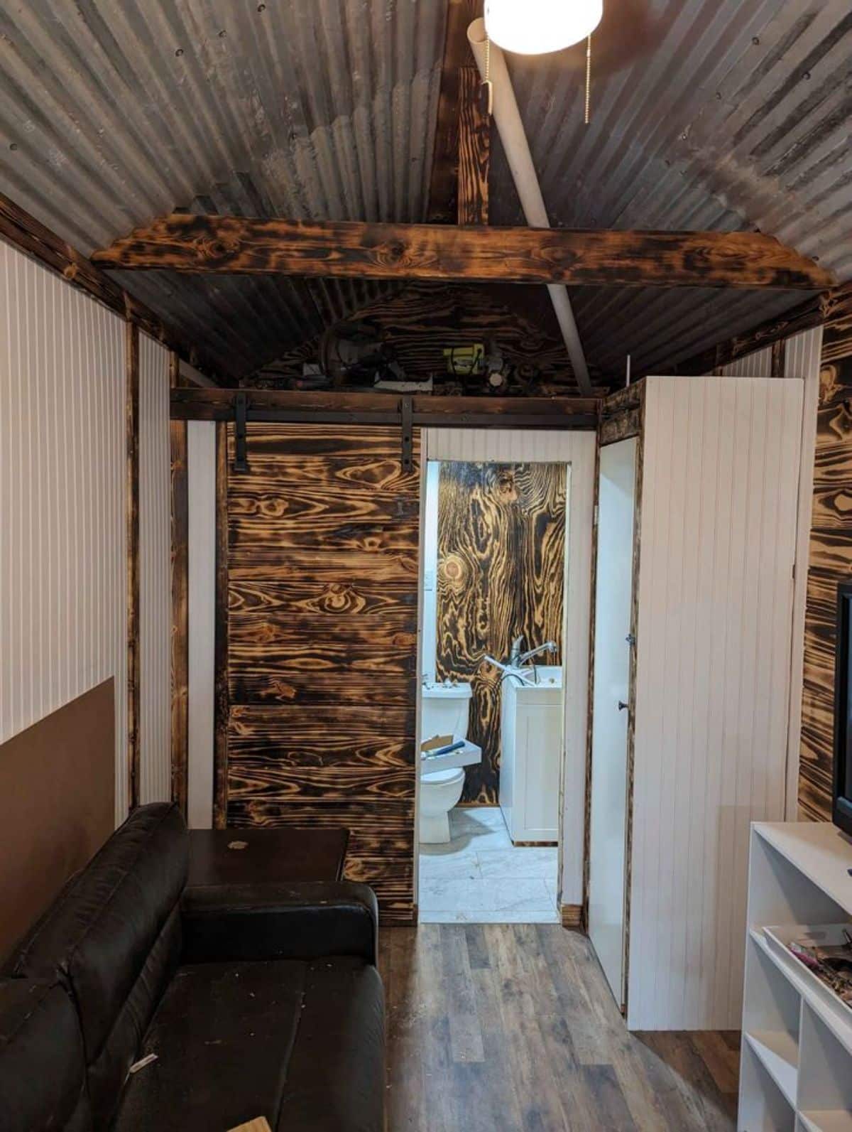 wooden walls of double lofted mobile home