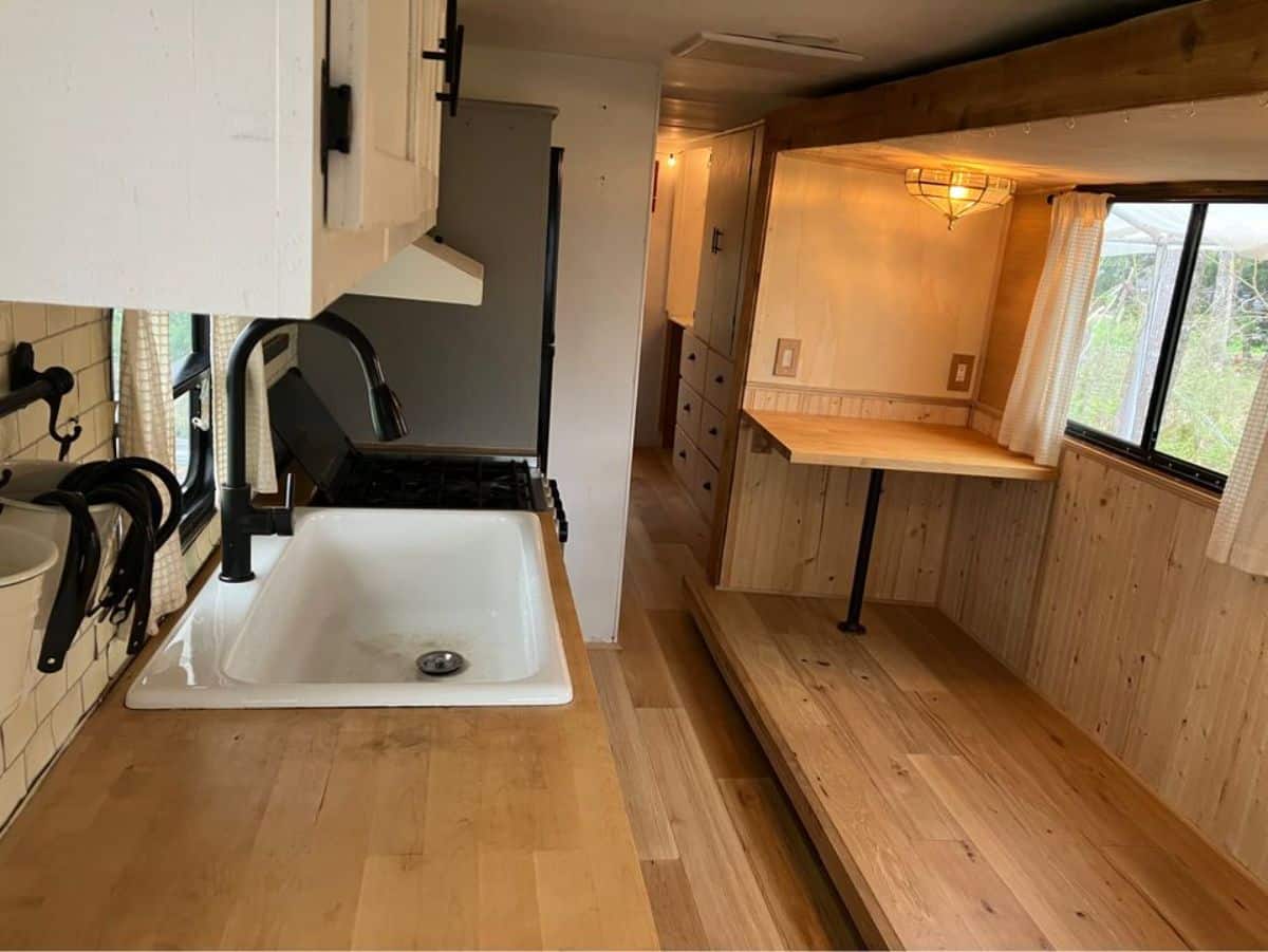 full length wooden interiors of revamped tiny home