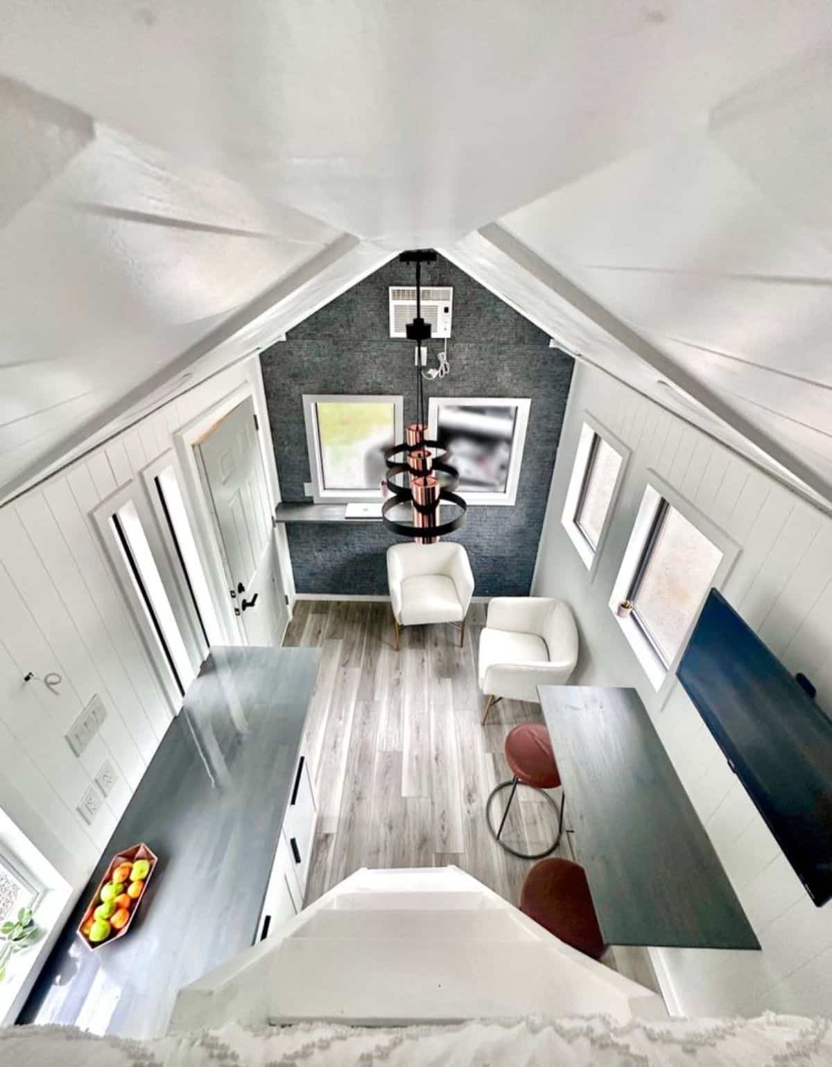 Ariel view of furnished micro home from inside