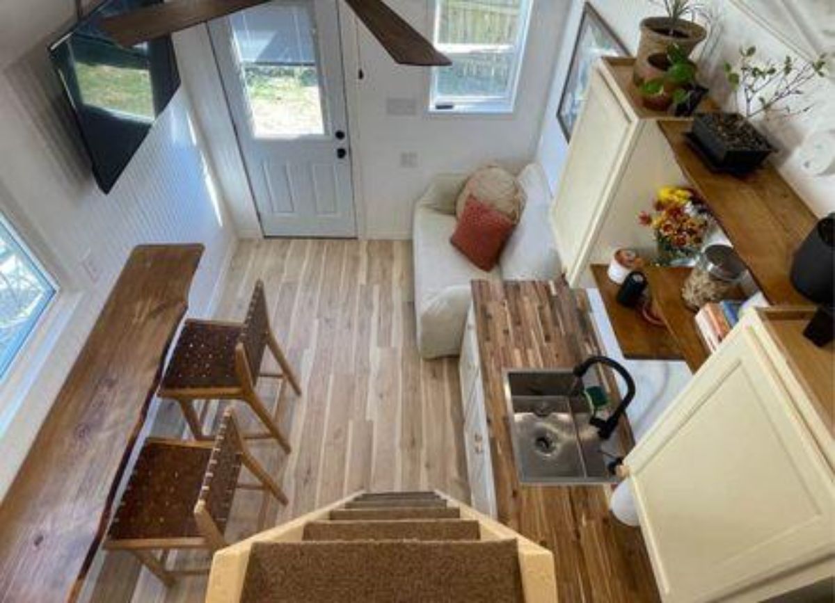 full length ariel view of 16' chic tiny home from inside