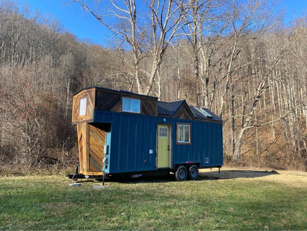 stunning dark blue exterior of 24’ NOAH certified tiny house