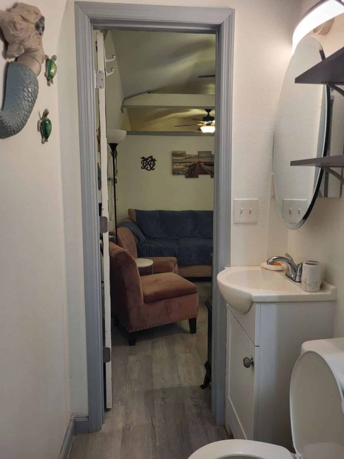 living area view from bathroom door