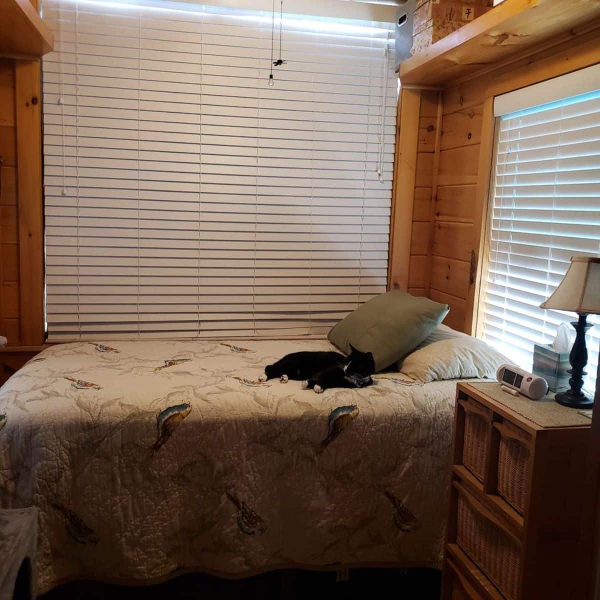 single sleeping bed in bedroom of container tiny home