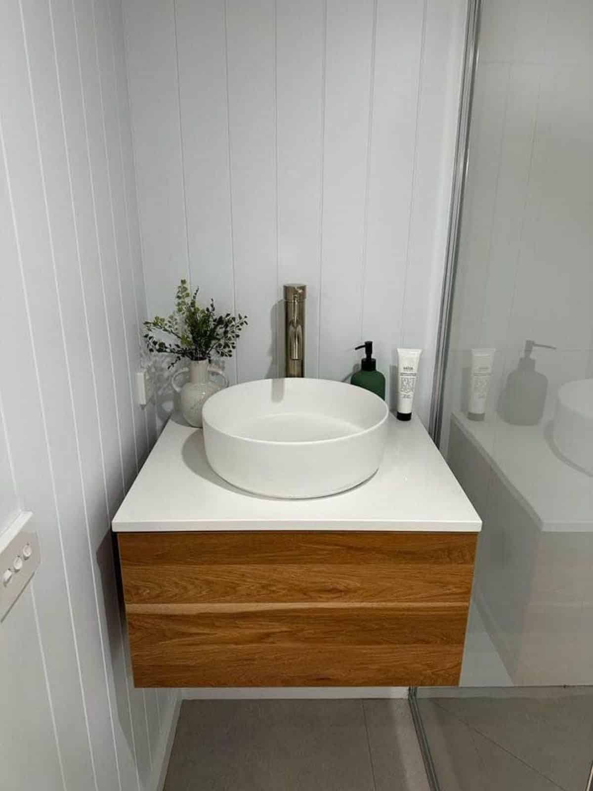 standard fittings in bathroom of Australian tiny home
