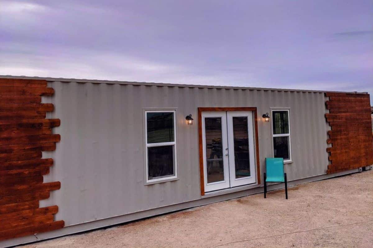 main entrance view of tiny container home