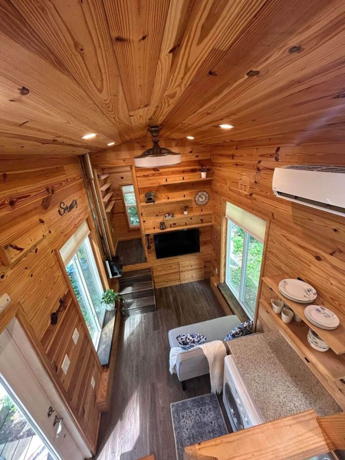 full length wooden interiors of 26’ custom tiny home