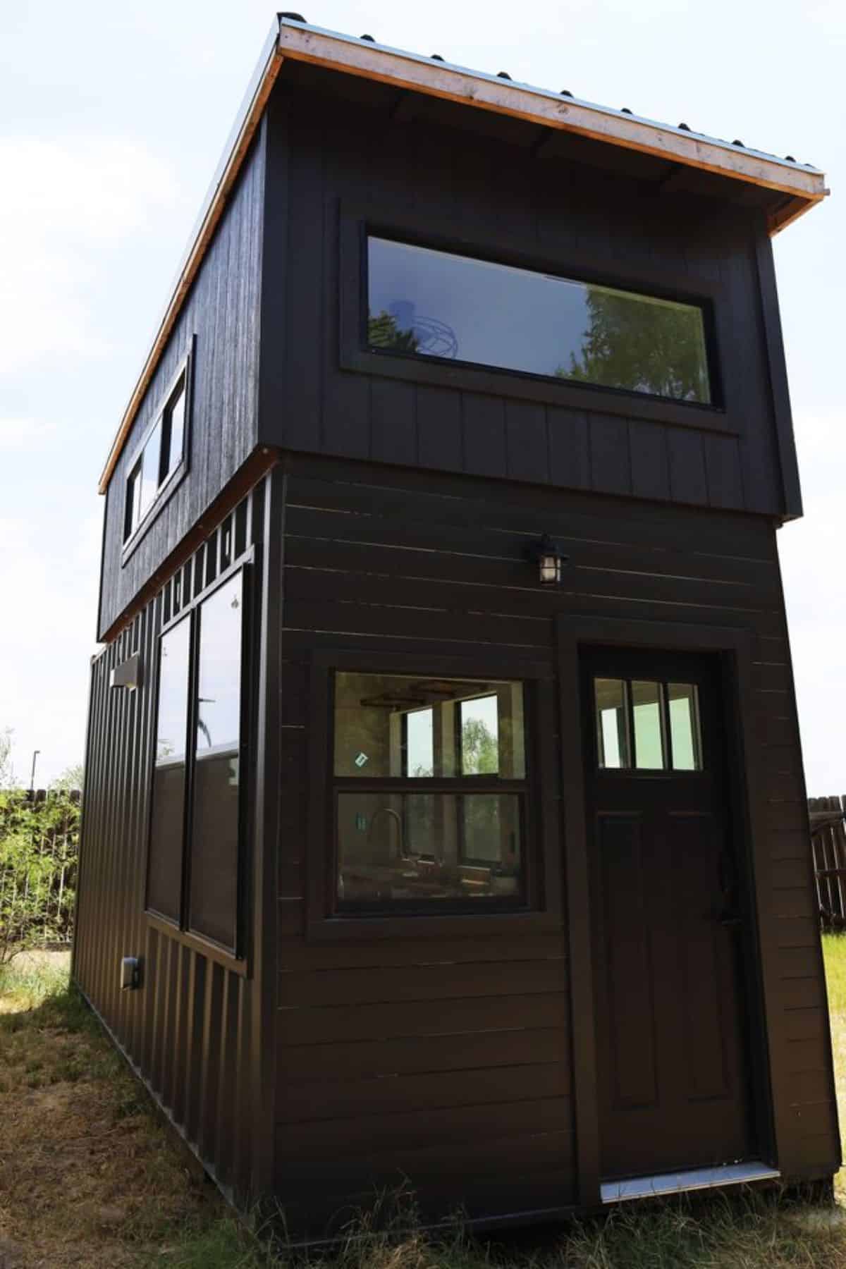 main entrance view of shipping container tiny home
