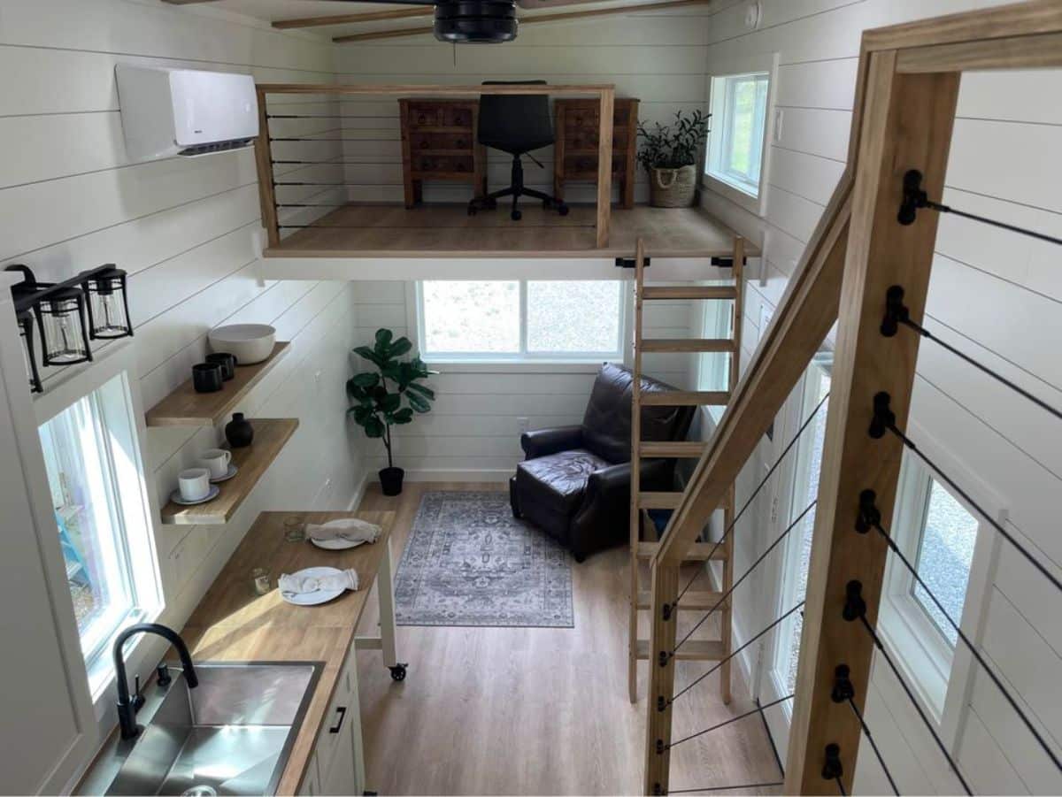 full length wooden interiors of two bedroom tiny house