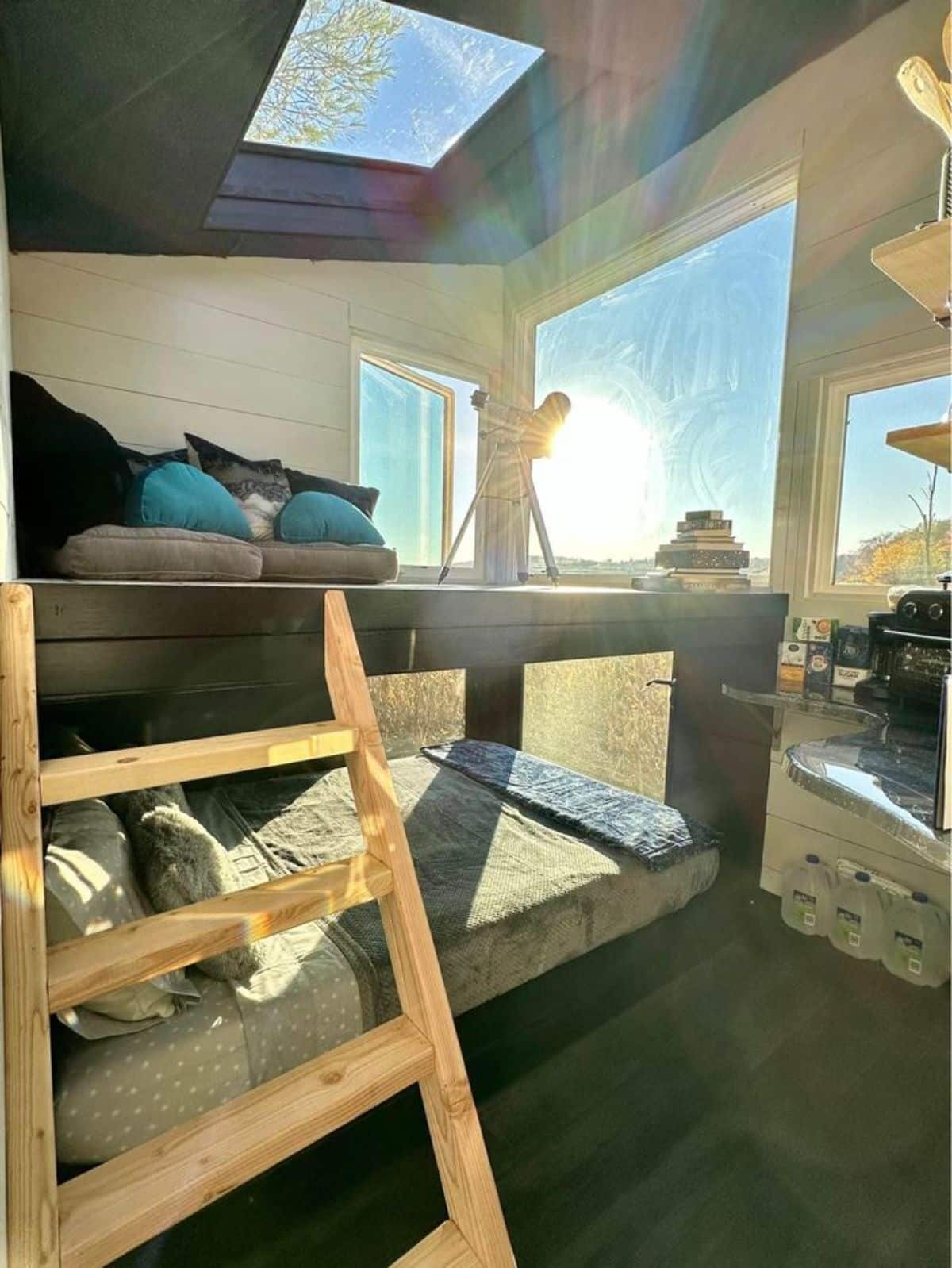 full length wooden interiors of themed tiny home