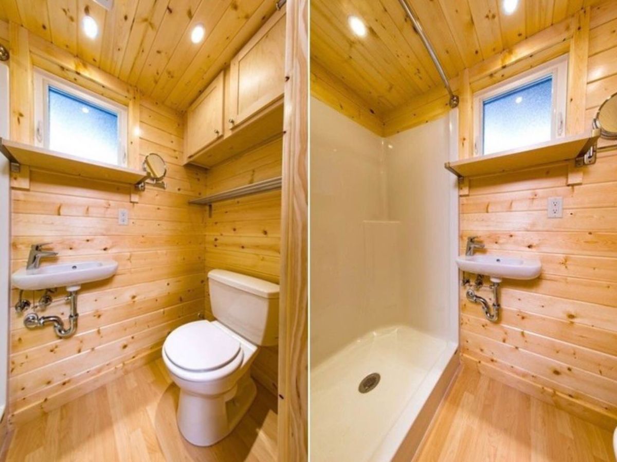 bathroom of hybrid tiny home has all the standard fittings