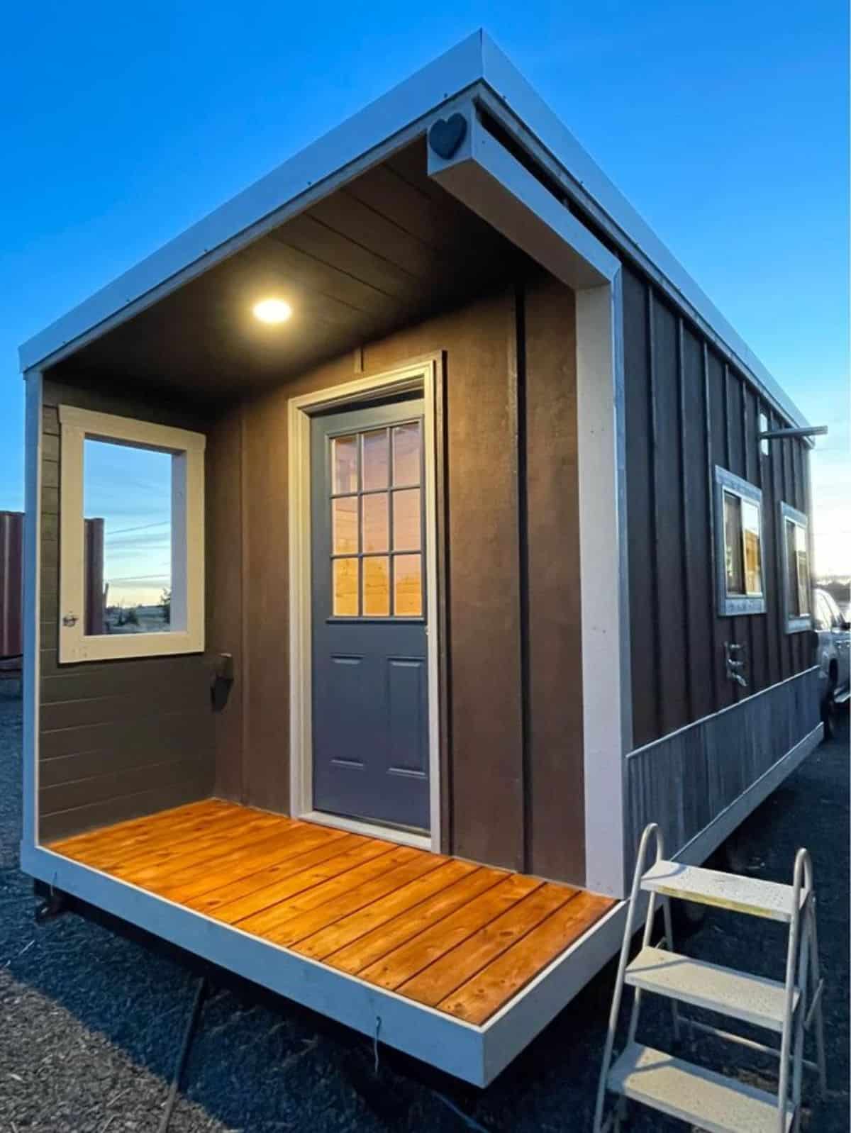 main front entrance view of 17' furnished tiny house
