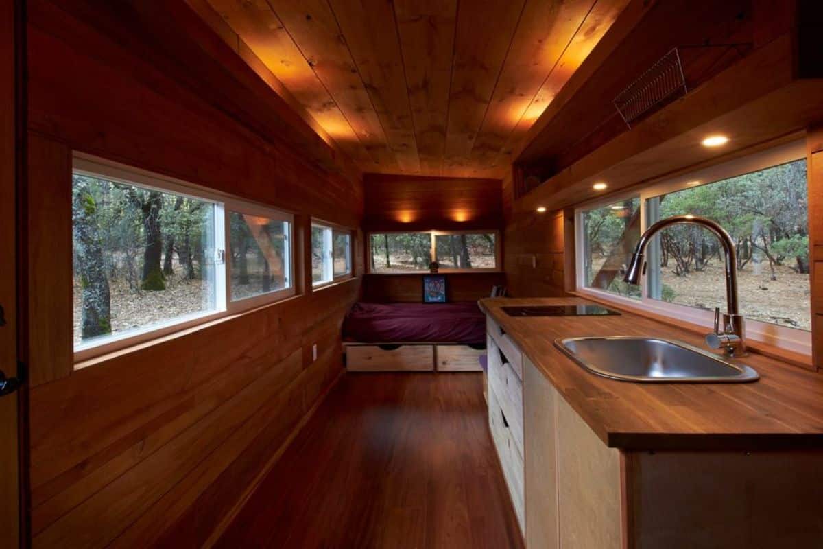 open space in the middle of 22' rustic tiny house from inside
