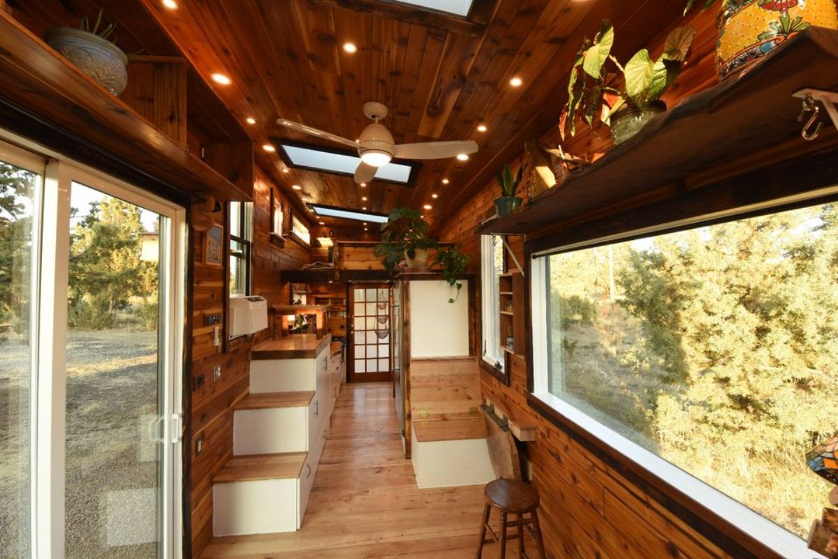 full length wooden interiors of mobile tiny home
